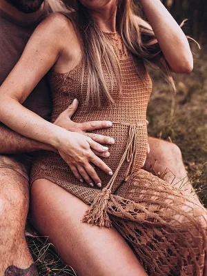 Momnfancy Khaki Geometric Cut Out Tassel Drawstring Slits On Both Sides Backless Sleeveless Elegant Boho Photoshoot Maternity Maxi Dress