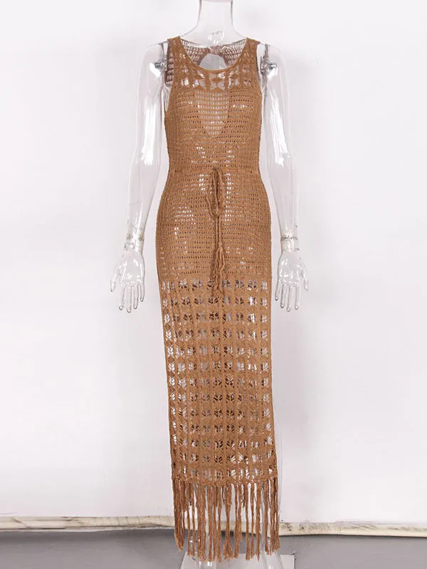 Momnfancy Khaki Geometric Cut Out Tassel Drawstring Slits On Both Sides Backless Sleeveless Elegant Boho Photoshoot Maternity Maxi Dress