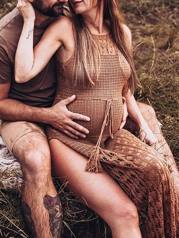 Momnfancy Khaki Geometric Cut Out Tassel Drawstring Slits On Both Sides Backless Sleeveless Elegant Boho Photoshoot Maternity Maxi Dress