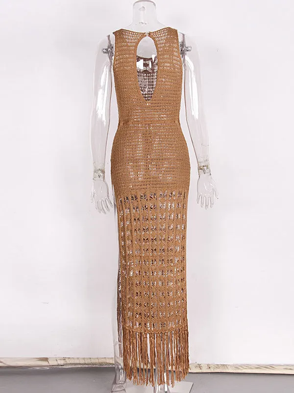 Momnfancy Khaki Geometric Cut Out Tassel Drawstring Slits On Both Sides Backless Sleeveless Elegant Boho Photoshoot Maternity Maxi Dress
