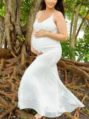 Momnfancy White Lace Tulle Mermaid Cami Backless V-neck Spaghetti Straps Wedding Gown Elegant Maternity Photoshoot Maxi Dress