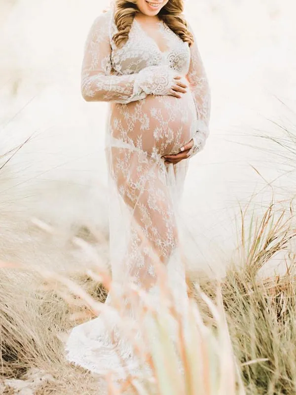 Momyknows White Lace Robe V-neck Bathtub Photoshoot Plus Size Maternity Maxi Dress