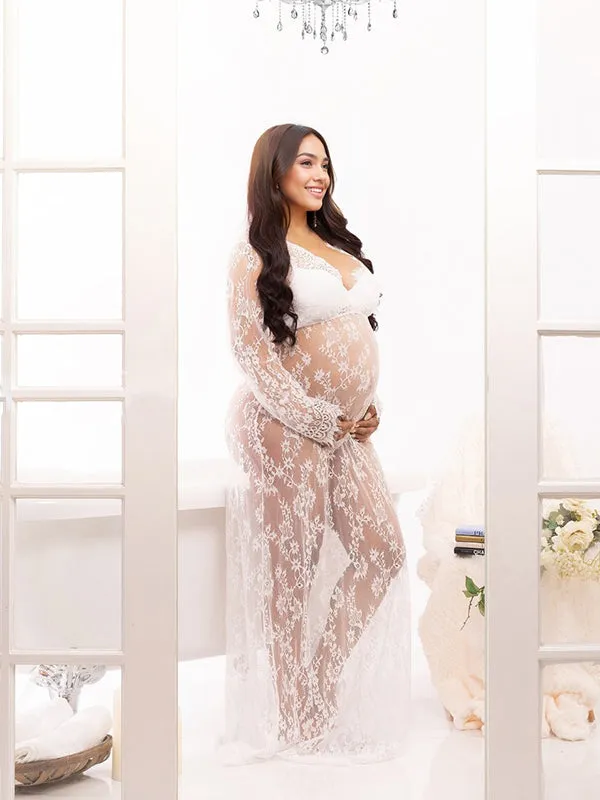 Momyknows White Lace Robe V-neck Bathtub Photoshoot Plus Size Maternity Maxi Dress