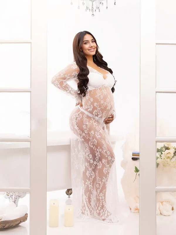 Momyknows White Lace Robe V-neck Bathtub Photoshoot Plus Size Maternity Maxi Dress