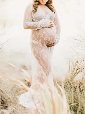 Momyknows White Lace Robe V-neck Bathtub Photoshoot Plus Size Maternity Maxi Dress