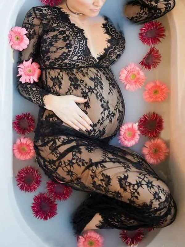Momyknows White Lace Robe V-neck Bathtub Photoshoot Plus Size Maternity Maxi Dress