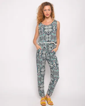 Monochrome print cotton tassel vest top and trousers suits co-ords (BLUE)