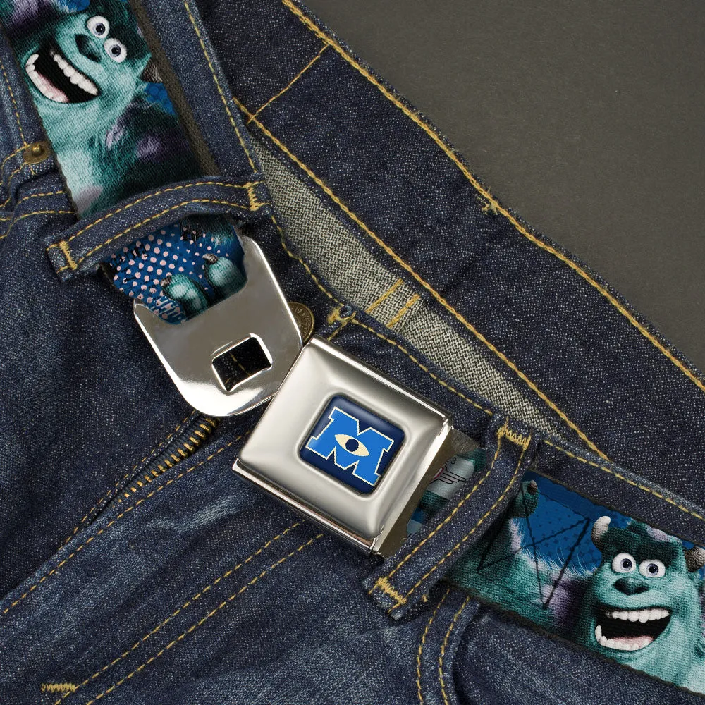 Monsters University Logo Full Color Blue White Seatbelt Belt - Sulley Scare Pose/Dots Blues/White Webbing