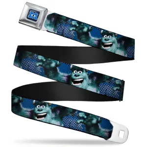 Monsters University Logo Full Color Blue White Seatbelt Belt - Sulley Scare Pose/Dots Blues/White Webbing