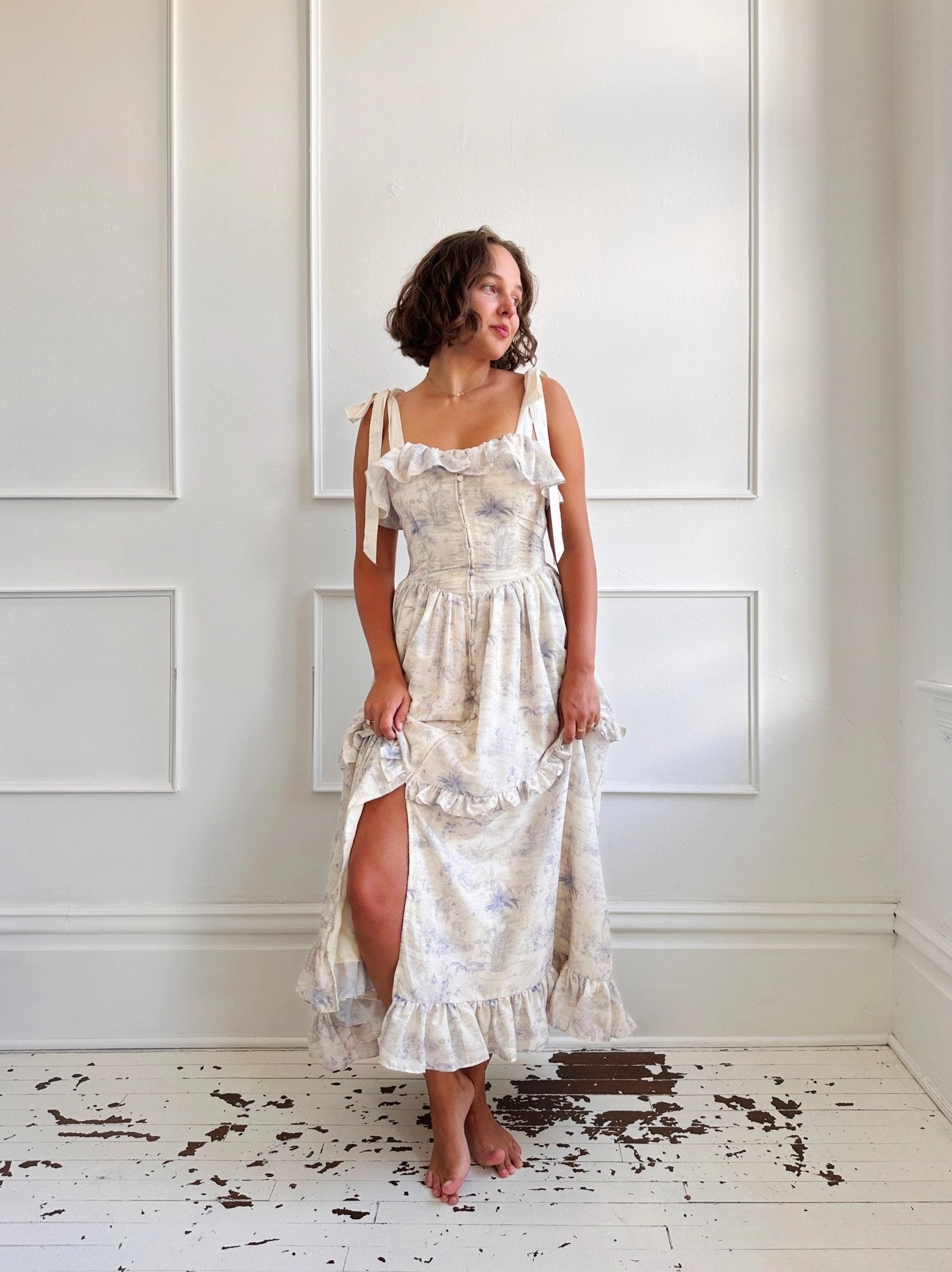 Work Favorite Motif Shoulder Tie Midi Dress