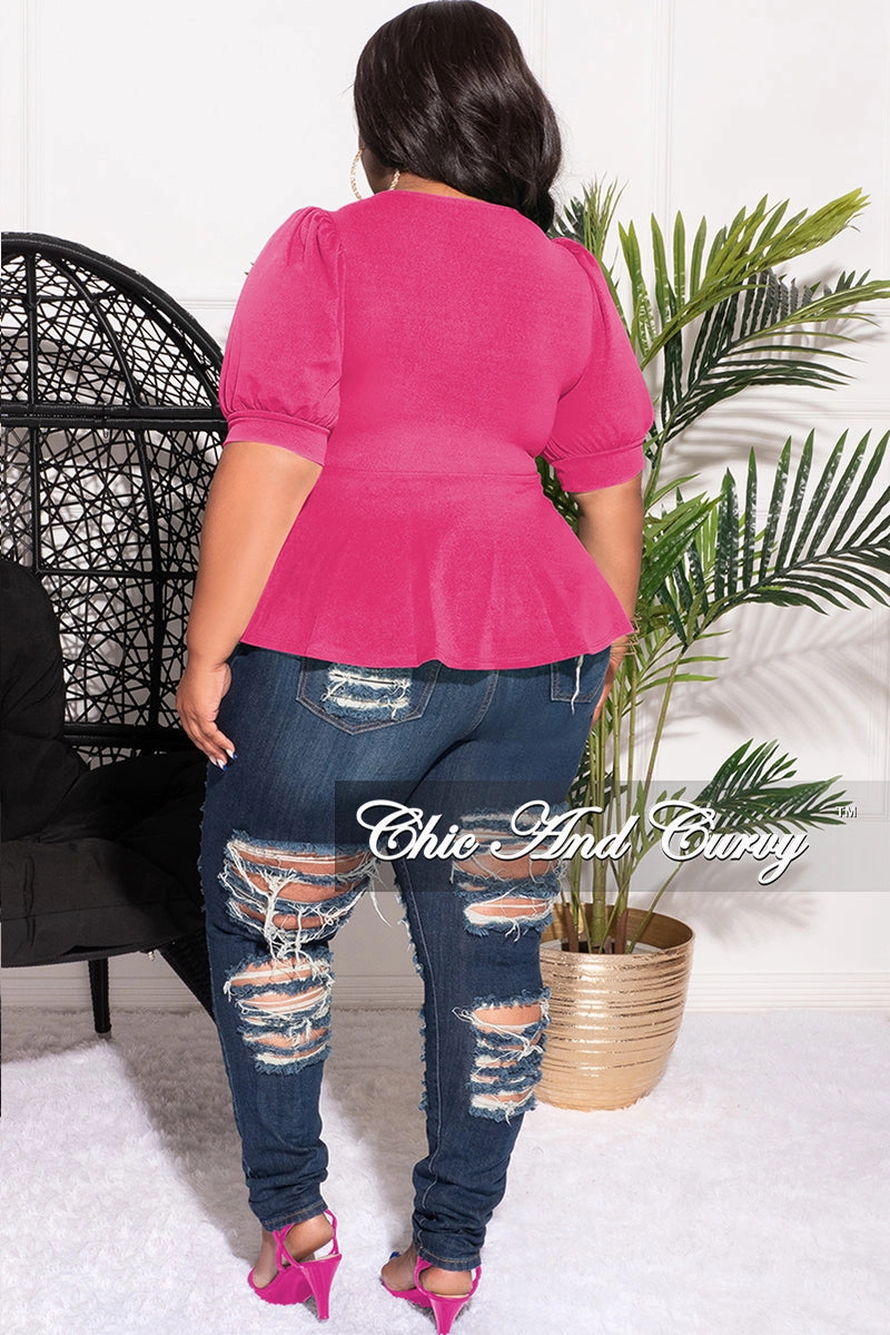 Final Sale Plus Size Techno Crepe  Peplum Top with 3/4 Sleeves in Fuschia Perfect Length DurableBartack