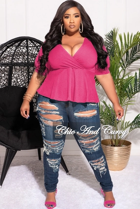 Final Sale Plus Size Techno Crepe  Peplum Top with 3/4 Sleeves in Fuschia Minimal Waist