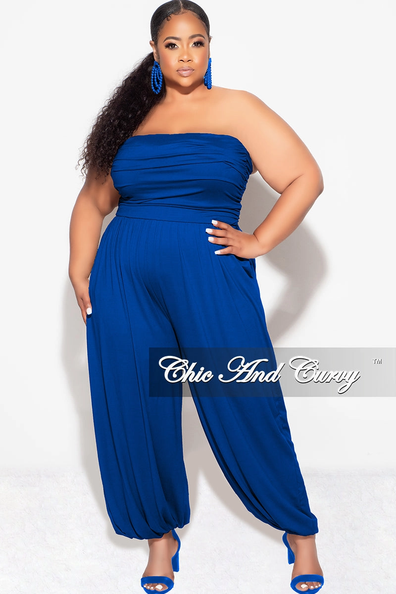 Final Sale Plus Size Strapless Jumpsuit in Royal Blue Cozy Casual Reinforced Pockets