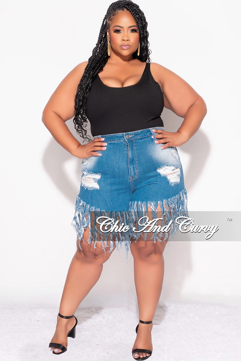 Final Sale Plus Size Denim Fringe Distressed Shorts Water Resistant NonBindingWaistline