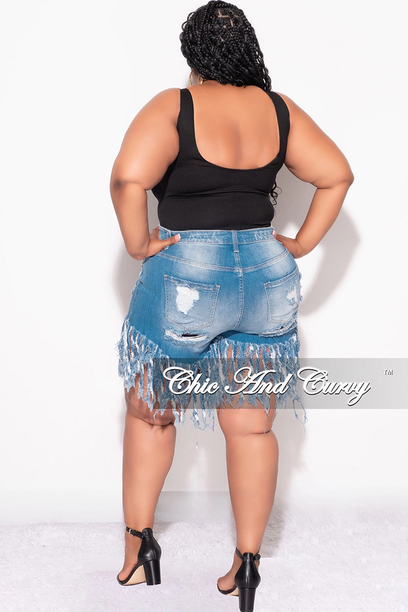 Trail Ready Comfy Look Final Sale Plus Size Denim Fringe Distressed Shorts