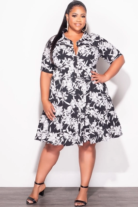 Final Sale Plus Size Collar Button Up Dress in Black and White Floral Print Barrel Waist
