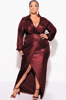 Day Hike Perfect Layer Final Sale Plus Size Faux Wrap Pleated Waist Foil Dress in Wine
