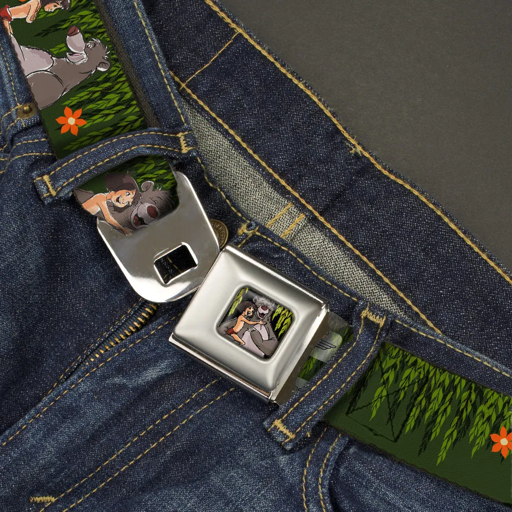 Mowgli & Baloo Hugging Leaves Full ColorBlack Greens Seatbelt Belt - Mowgli & Baloo 3-Poses Leaves/Flowers Greens/Orange Webbing
