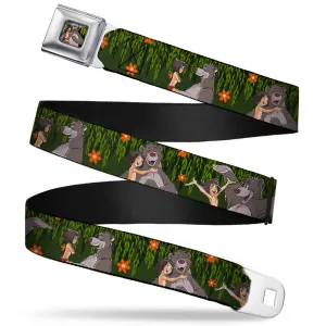 Mowgli & Baloo Hugging Leaves Full ColorBlack Greens Seatbelt Belt - Mowgli & Baloo 3-Poses Leaves/Flowers Greens/Orange Webbing