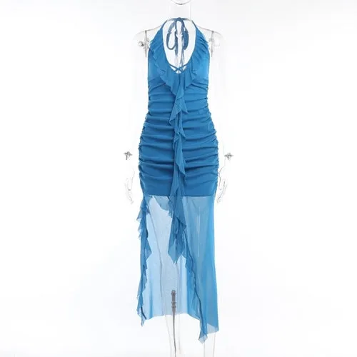 Mozision Elegant Backless Ruffles Maxi Dress Women Summer New Halter