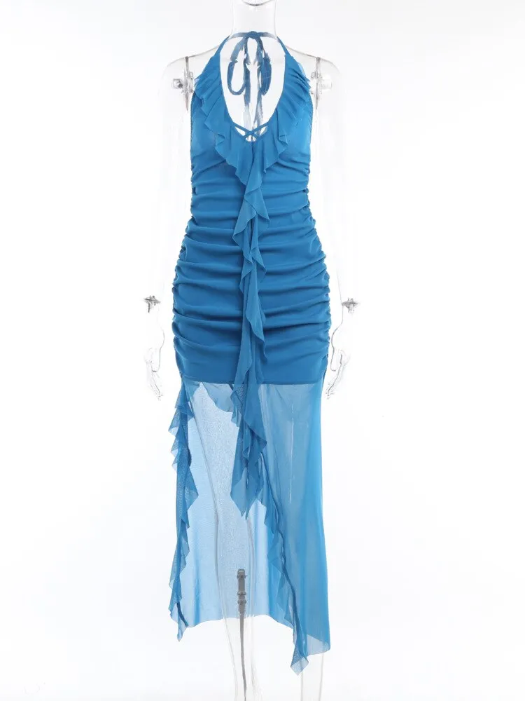 Mozision Elegant Backless Ruffles Maxi Dress Women Summer New Halter