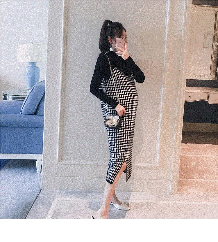 Mqtime 2PCS/Set Black Knitted Maternity Bottoming Shirts Sling Plaid Dress Autumn Korean Fashion For Pregnant Women Pregnancy Clothes