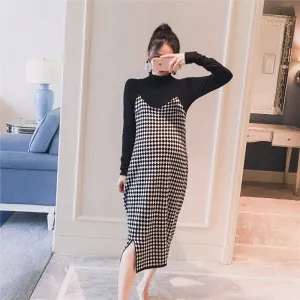 Mqtime 2PCS/Set Black Knitted Maternity Bottoming Shirts Sling Plaid Dress Autumn Korean Fashion For Pregnant Women Pregnancy Clothes
