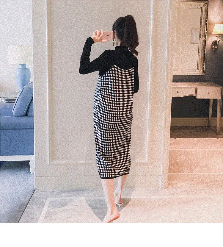 Mqtime 2PCS/Set Black Knitted Maternity Bottoming Shirts Sling Plaid Dress Autumn Korean Fashion For Pregnant Women Pregnancy Clothes