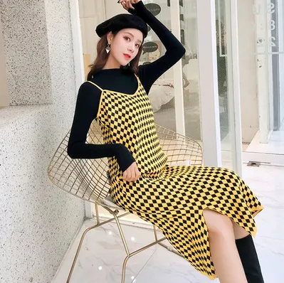 Mqtime 2PCS/Set Black Knitted Maternity Bottoming Shirts Sling Plaid Dress Autumn Korean Fashion For Pregnant Women Pregnancy Clothes