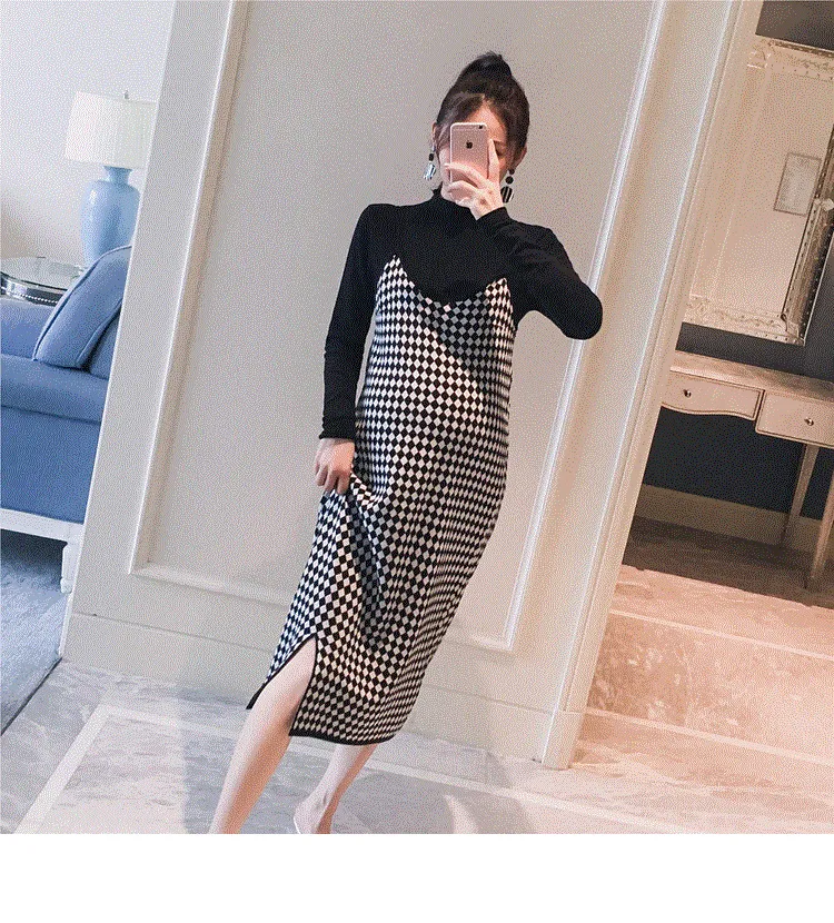 Mqtime 2PCS/Set Black Knitted Maternity Bottoming Shirts Sling Plaid Dress Autumn Korean Fashion For Pregnant Women Pregnancy Clothes
