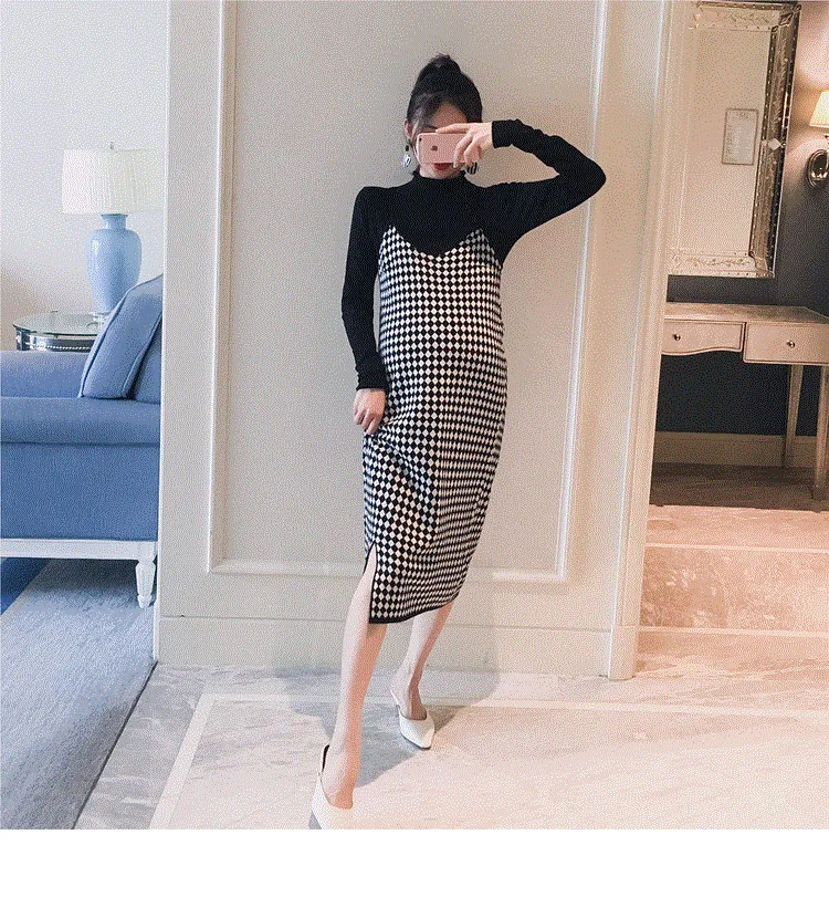 Mqtime 2PCS/Set Black Knitted Maternity Bottoming Shirts Sling Plaid Dress Autumn Korean Fashion For Pregnant Women Pregnancy Clothes