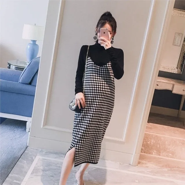 Mqtime 2PCS/Set Black Knitted Maternity Bottoming Shirts Sling Plaid Dress Autumn Korean Fashion For Pregnant Women Pregnancy Clothes