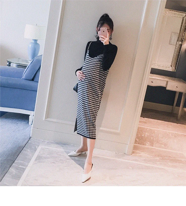 Mqtime 2PCS/Set Black Knitted Maternity Bottoming Shirts Sling Plaid Dress Autumn Korean Fashion For Pregnant Women Pregnancy Clothes