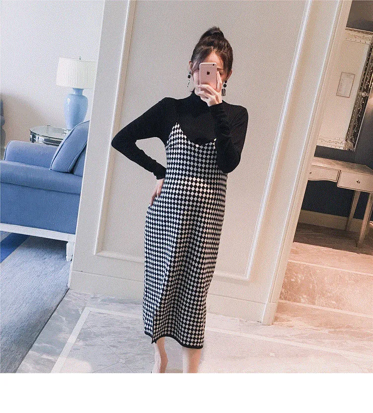 Mqtime 2PCS/Set Black Knitted Maternity Bottoming Shirts Sling Plaid Dress Autumn Korean Fashion For Pregnant Women Pregnancy Clothes