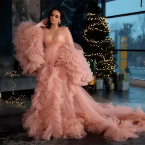MQTIME  -  Baby Shower Dresses For Pregnant Woman Tulle Robe Maternity Photography Props Ruffles Pink Puffy Long Dress Premama Photoshoot