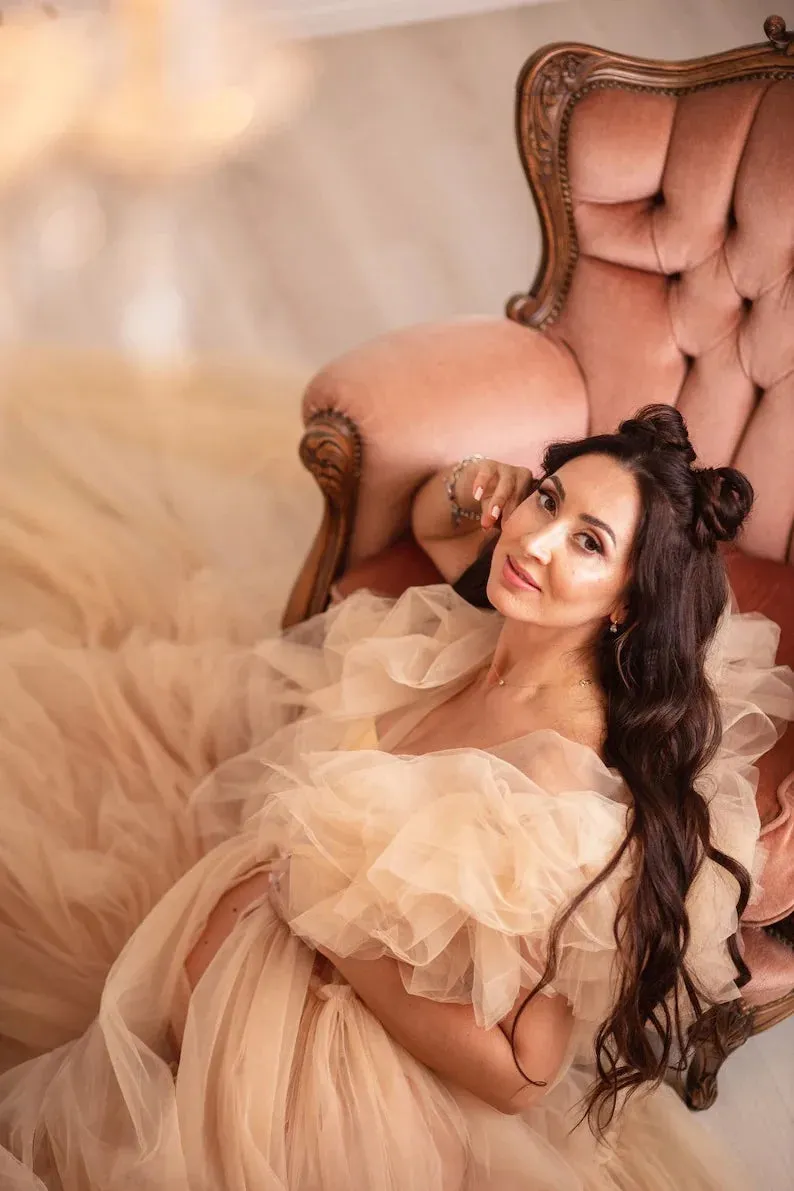 MQTIME  -  Chic Pregnancy Photoshoot Women Dress Fluffy Tulle Maternity Gown 2024 Beige Long Train Maternity Dresses Babyshower Robe Custom