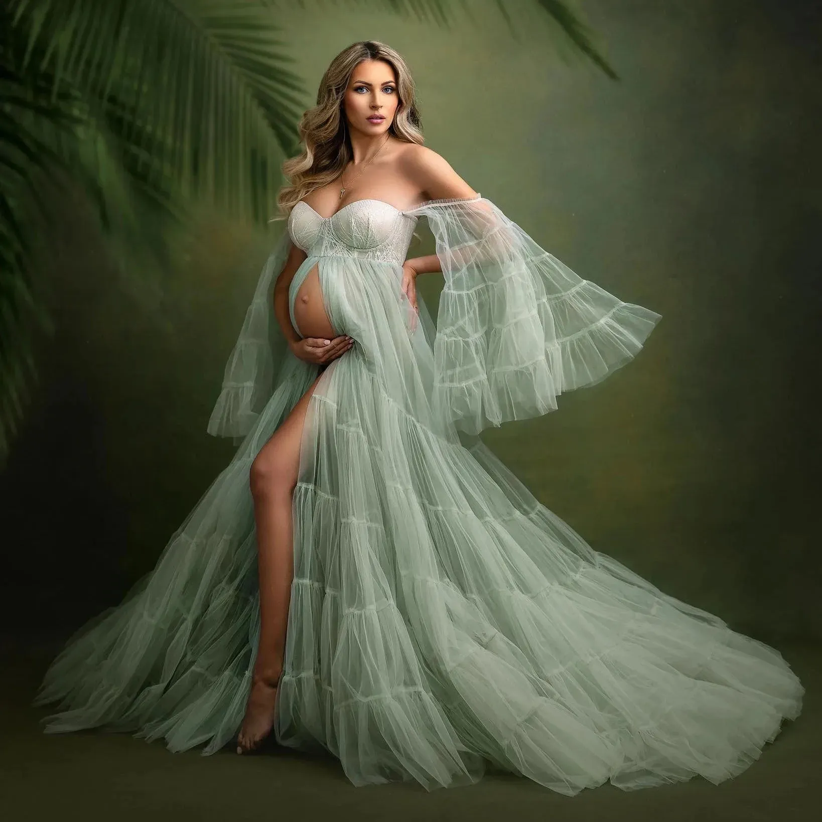 Mqtime Elegant Mint Green Maternity Gown for Photoshoot or Babyshower Tulle Maternity Dresses Long Bell Sleeves Pregnancy Dress Custom