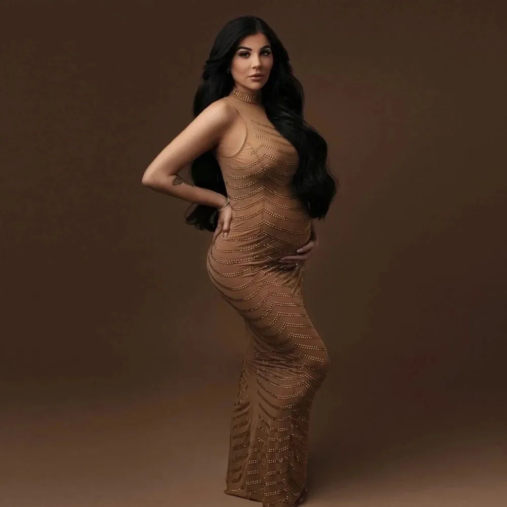 MQTIME  - Maternity Halter Rhinestone Maternity Photography Dresses Crystal Stretchy Skinny Sleeveless Maternity Photo Shoot Long Dress