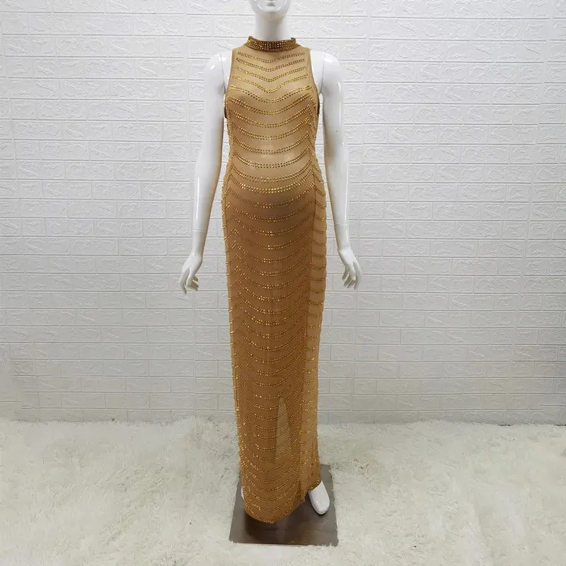 MQTIME  - Maternity Halter Rhinestone Maternity Photography Dresses Crystal Stretchy Skinny Sleeveless Maternity Photo Shoot Long Dress