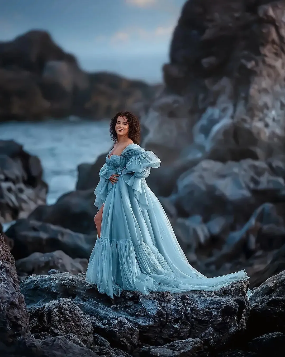 MQTIME  -  Pretty Blue Maternity Photography Dresses Fluffy Tulle Tiered Long Sleeves Pregnant Woman Maternity Gown Photography Dress 2024
