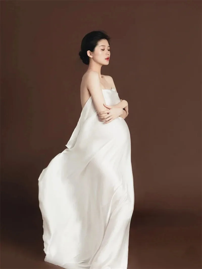 MQTIME  -  White Maternity Photography Props Maxi Maternity Gown Silk Cloth Maternity Dress Elegant Satin Shooting Photo Pregnant Dress Plu