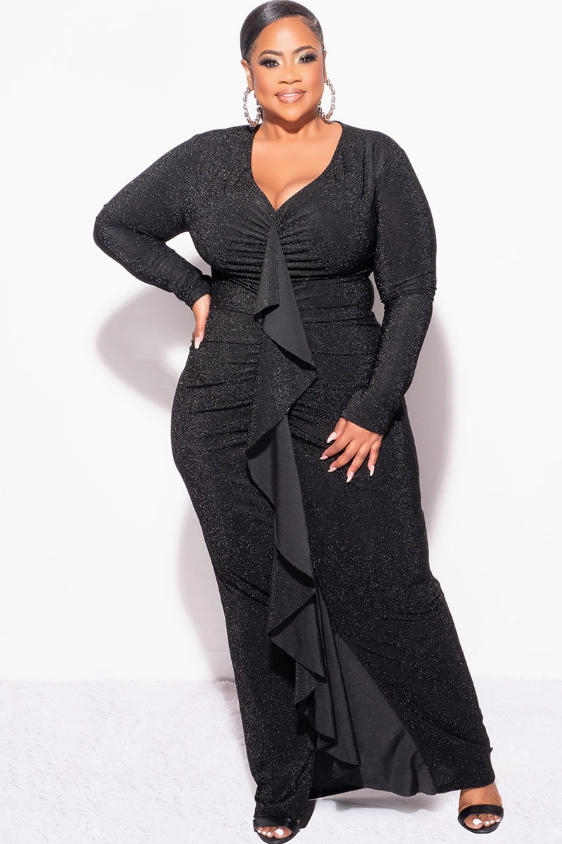Final Sale Plus Size V-Neck Gown with Ruched Center & Ruffle in Black Glitter Lurex Fabric Soft Material Thermal regulation