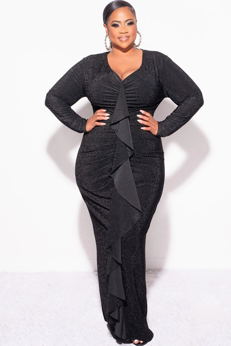 No Pinch Final Sale Plus Size V-Neck Gown with Ruched Center & Ruffle in Black Glitter Lurex Fabric