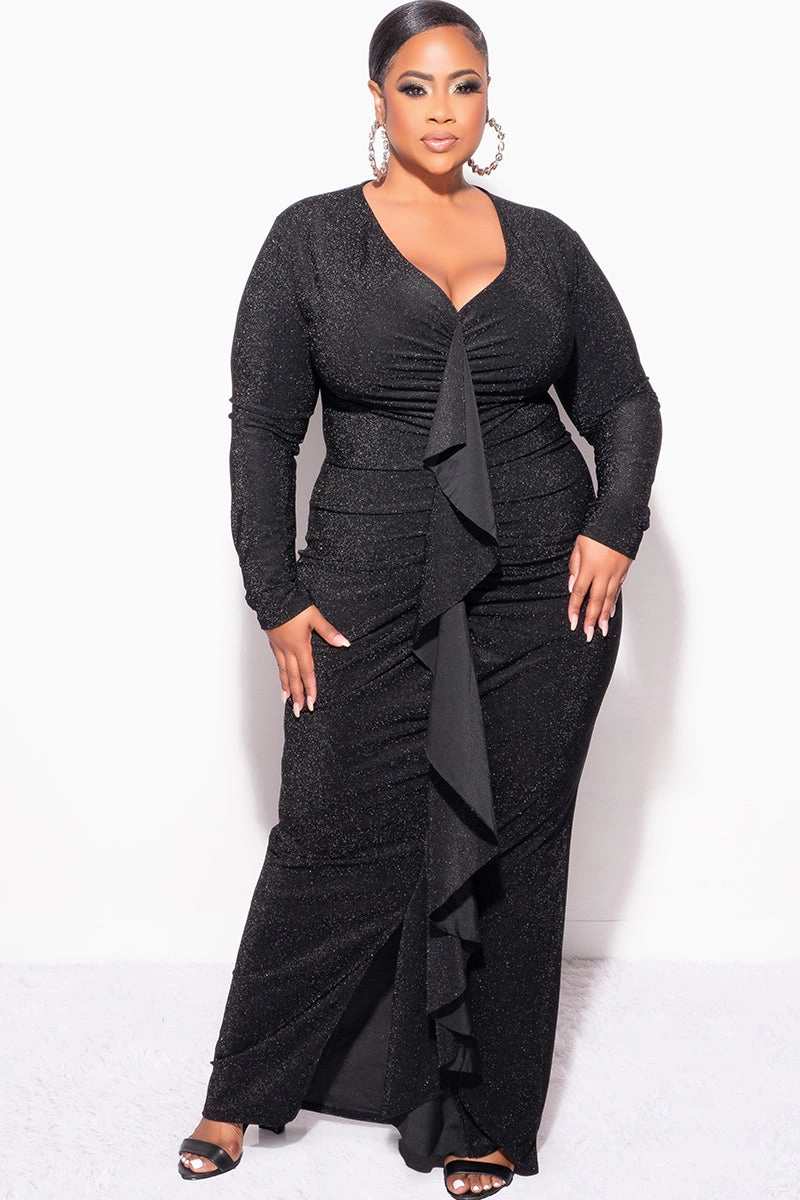 Final Sale Plus Size V-Neck Gown with Ruched Center & Ruffle in Black Glitter Lurex Fabric Soft Touch Material ReinforcedHemline