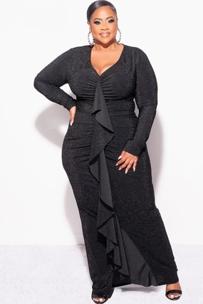 Final Sale Plus Size V-Neck Gown with Ruched Center & Ruffle in Black Glitter Lurex Fabric Soft Material Thermal regulation