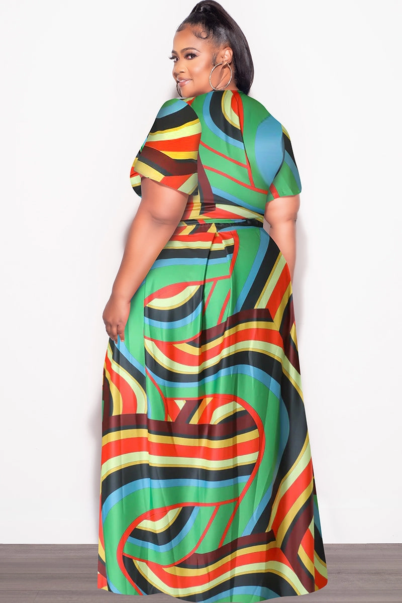 Final Sale Plus Size 2pc (Faux Wrap Crop Tie Top & Skirt) Set in Green Multi Color Sport Fit
