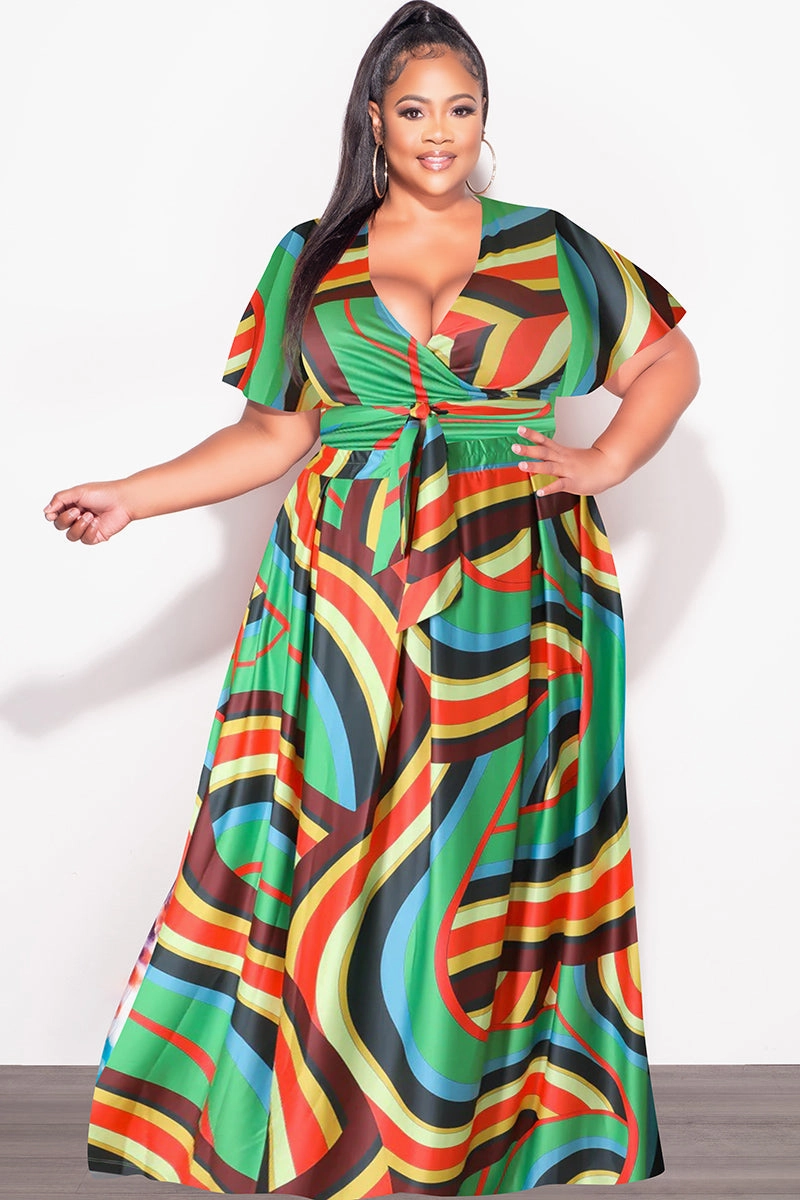 Soft Texture Final Sale Plus Size 2pc (Faux Wrap Crop Tie Top & Skirt) Set in Green Multi Color