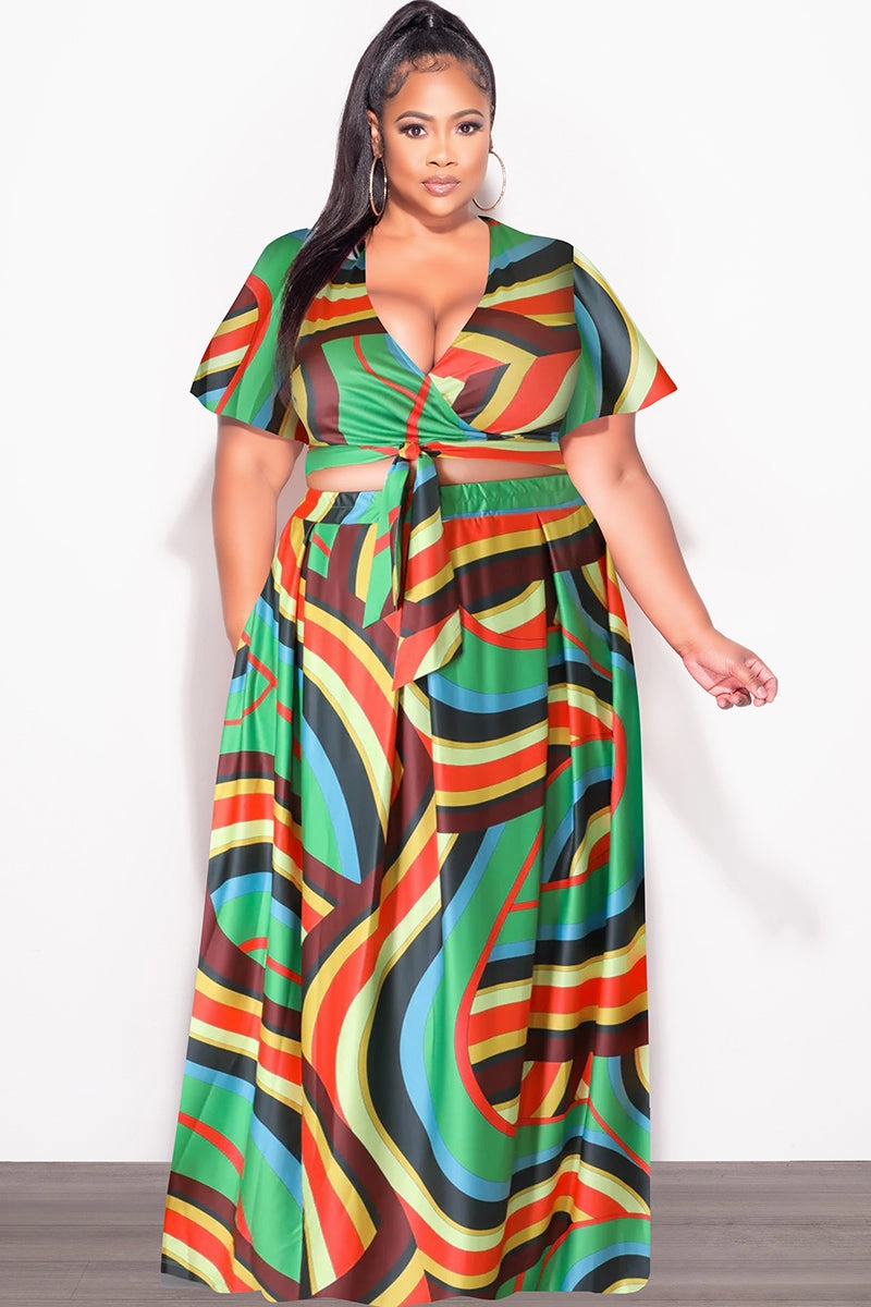 Final Sale Plus Size 2pc (Faux Wrap Crop Tie Top & Skirt) Set in Green Multi Color RecycledMaterial Flexible shape