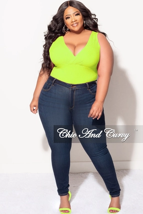 Snag Resistant Fabric Final Sale Plus Size Ribbed Faux Wrap Sleeveless Bodysuit in Neon Green