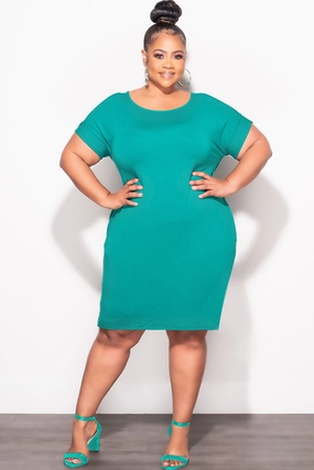 Final Sale Plus Size Rolled Sleeve Dress in Green Odor Resistant Treatment